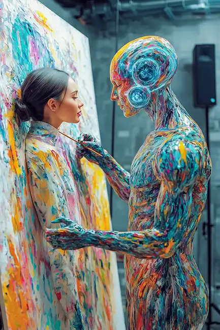 Person and AI figure painting together