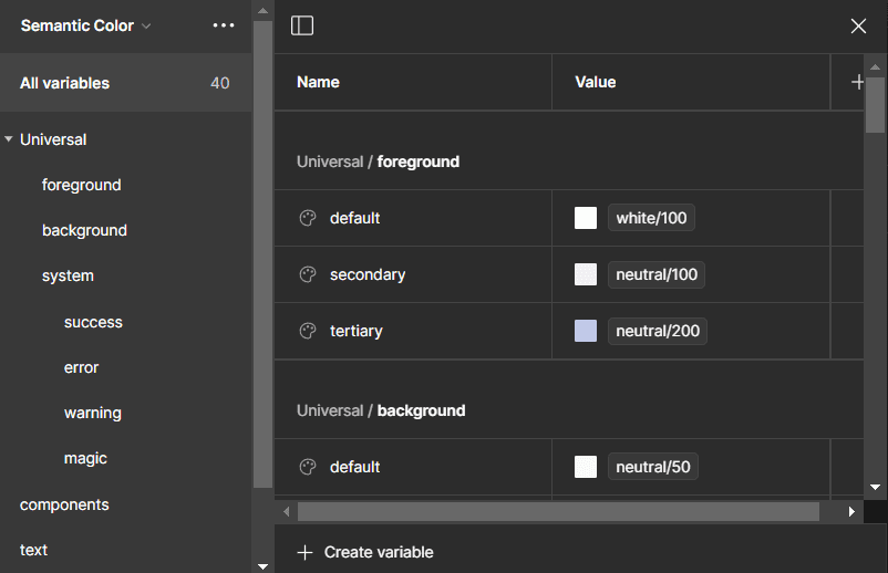 Semantic color variables screen in Figma
