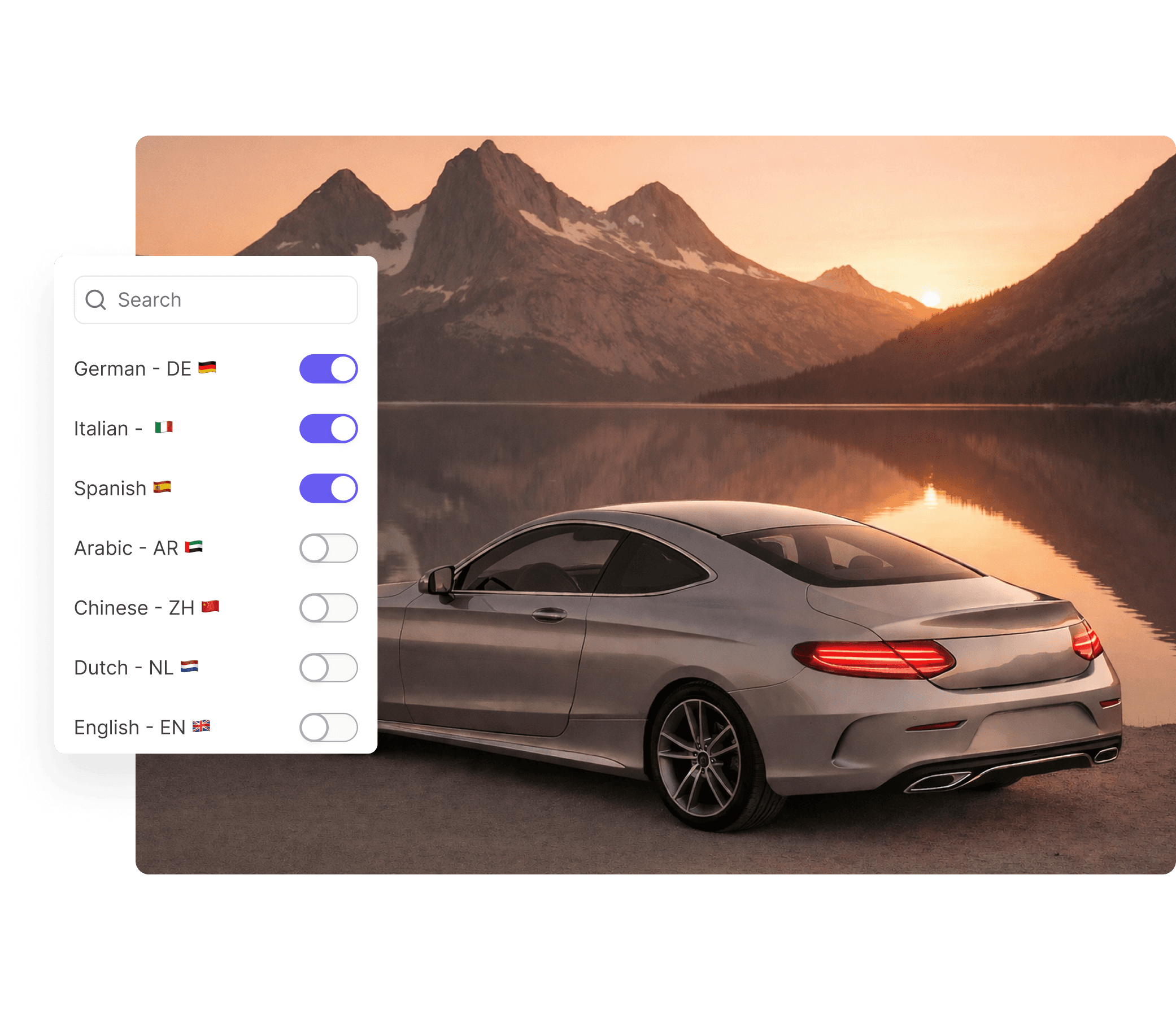A sleek luxury car is parked by a serene lake with majestic mountains in the background at twilight, enhancing the tranquil and scenic atmosphere.