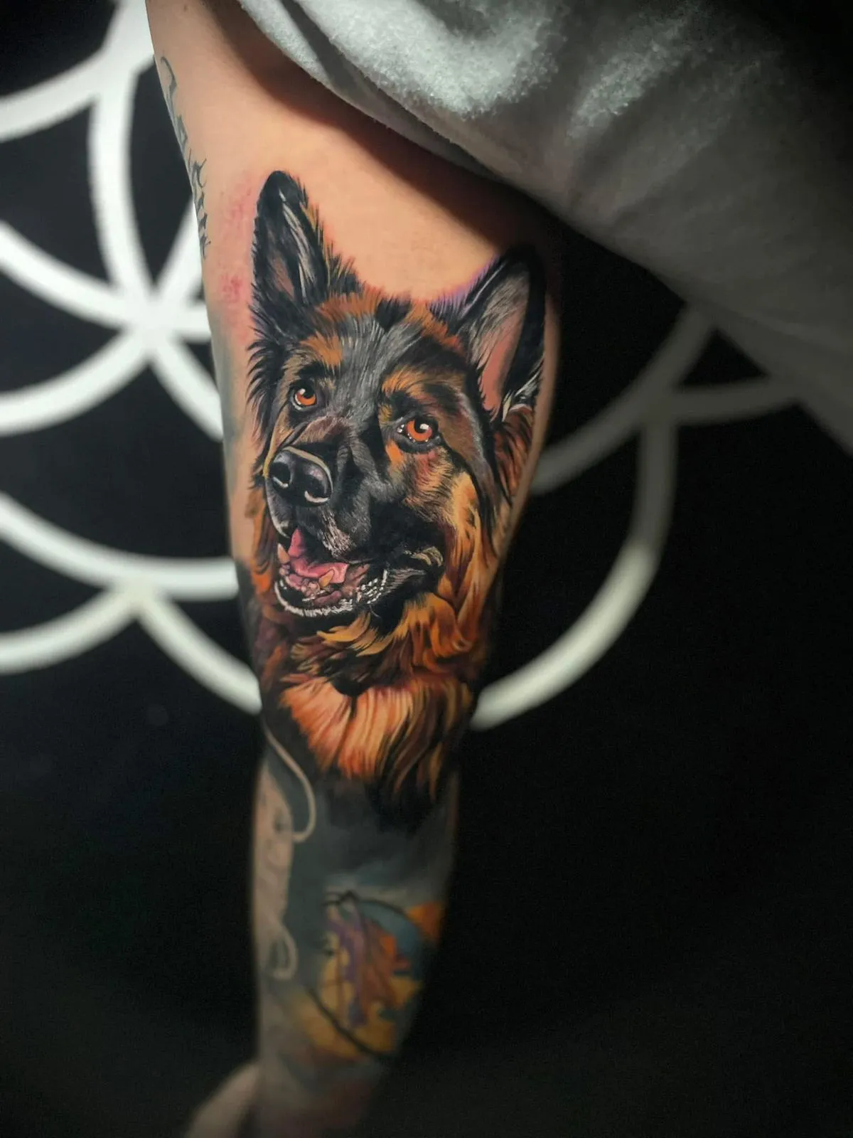 Color realism German Shepherd portrait tattoo on arm at Calavera Ink Berlin