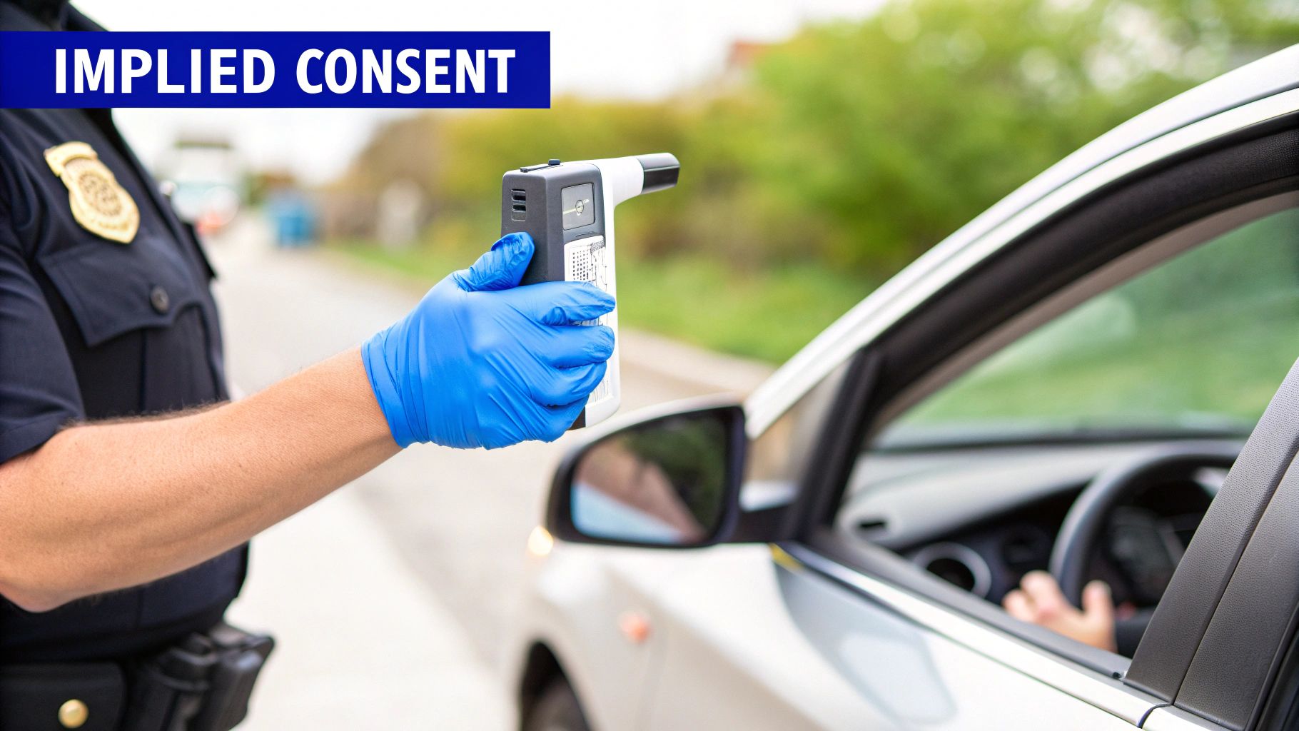 Police officer in uniform and blue glove holds a breathalyzer towards a driver in a white car.