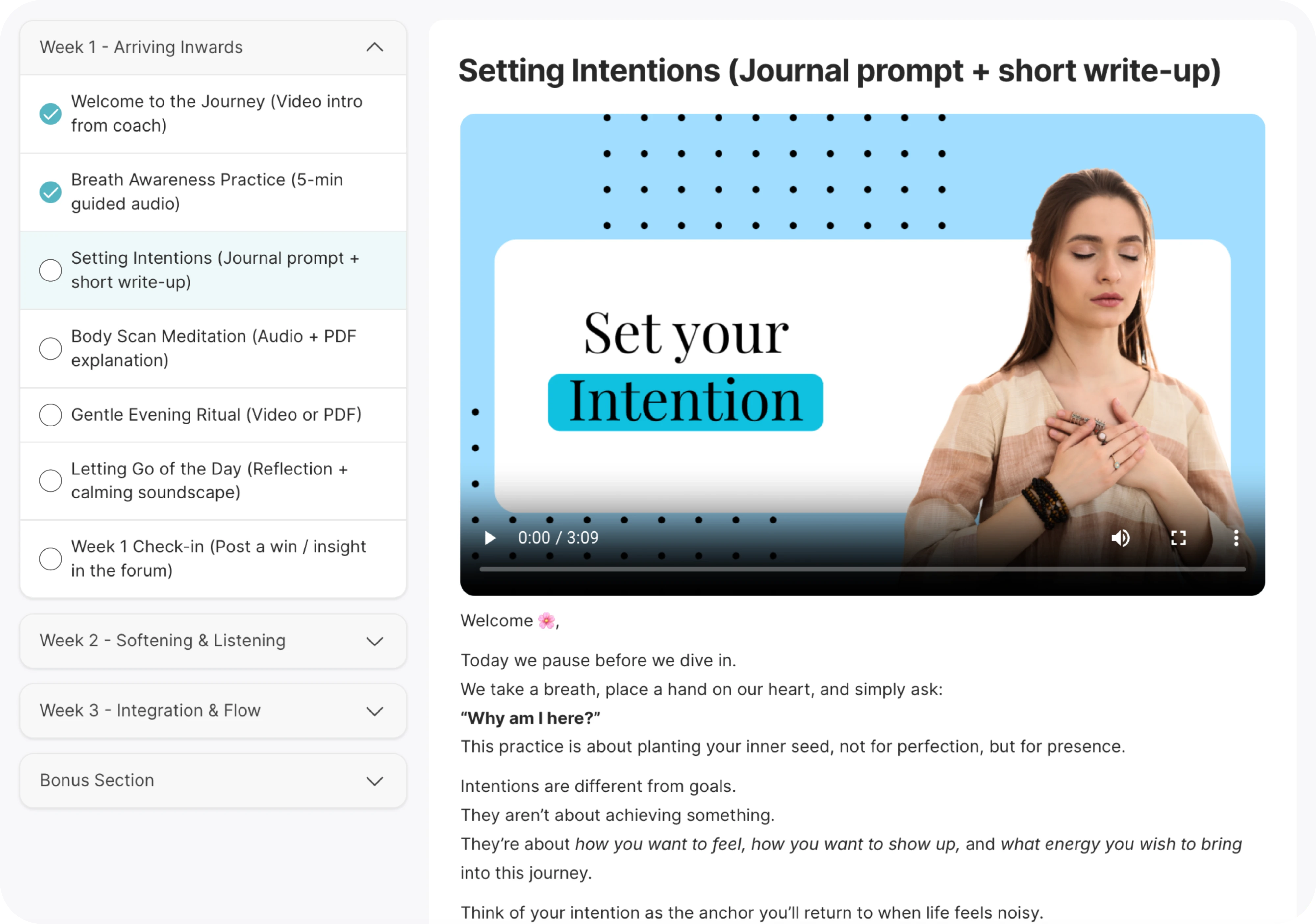 Coaching community with structured programs, guided video lessons, and journaling prompts to run memberships and live sessions in one place.