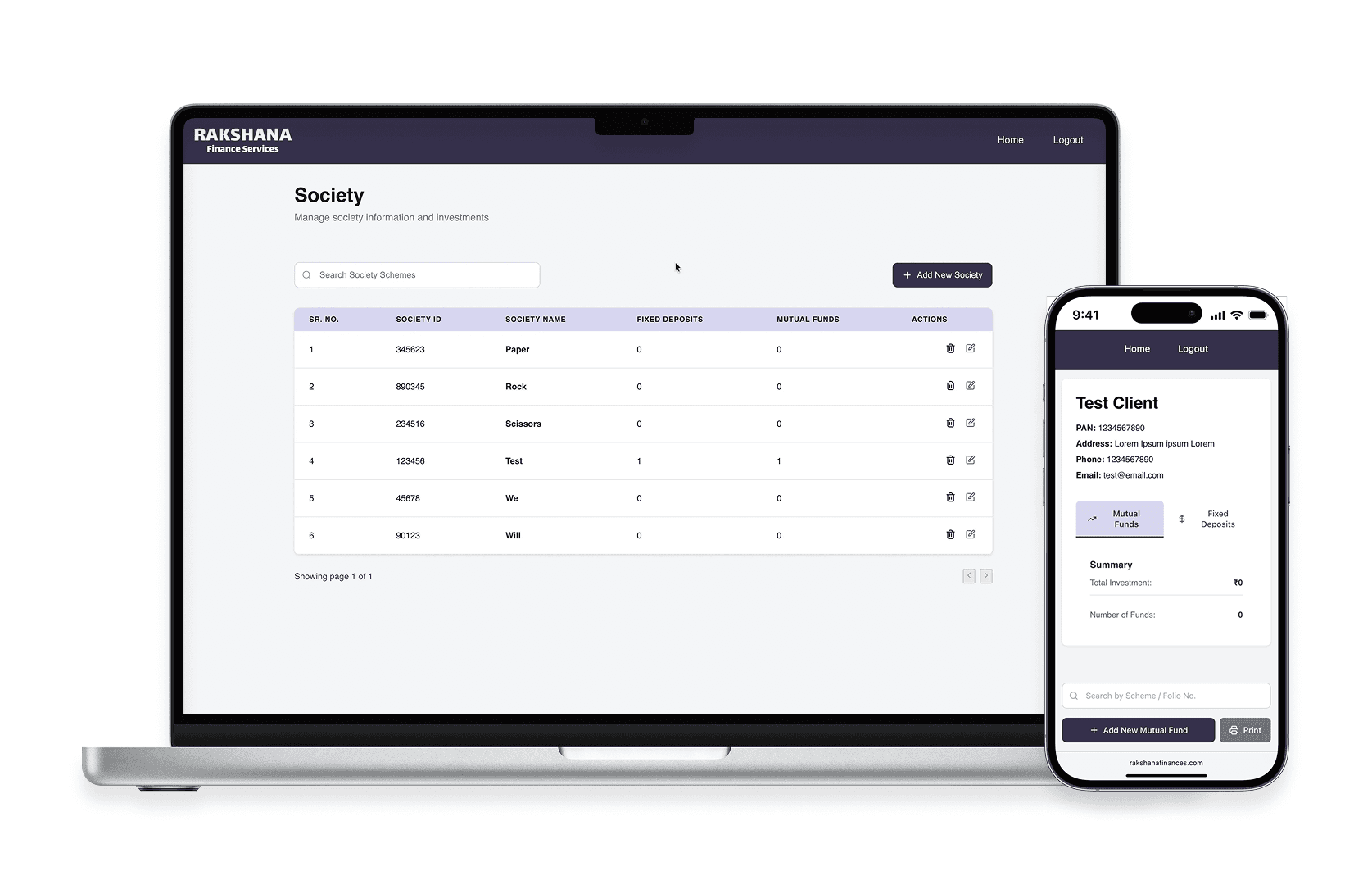 Screenshot showing a responsive web application on a laptop and smartphone. The app displays data in a table format.