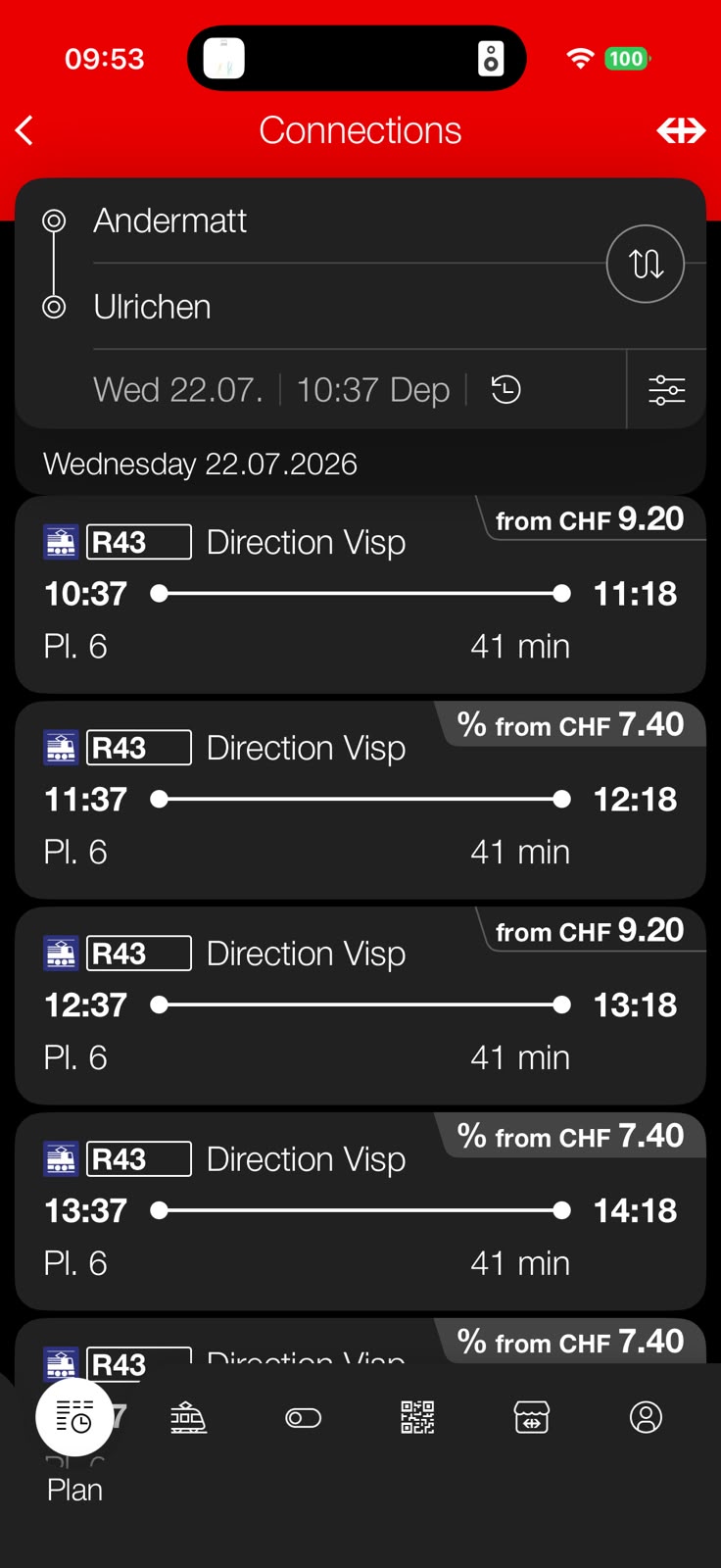 SBB app connections screenshot