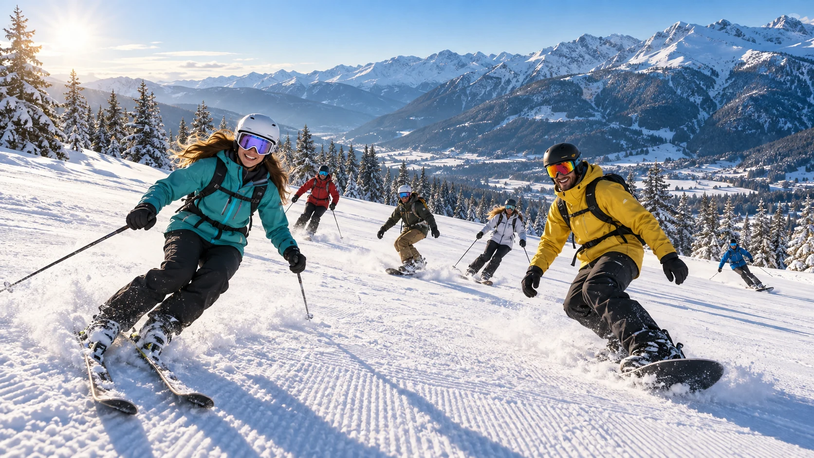 Friends with skis and snowboards together on a sunny mountain slope