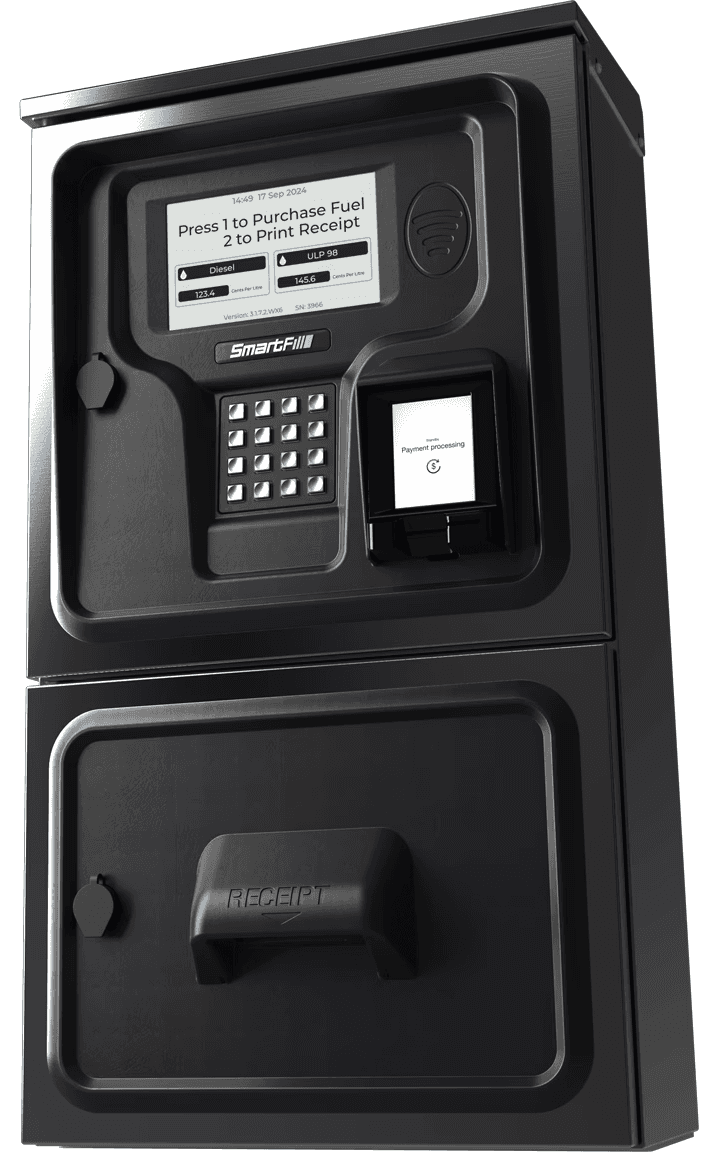 Render of SmartFill OPT, SmartFill OPT is a standalone system that allows people to make payments to receive fuel or fluids without a employee or supervisor present
