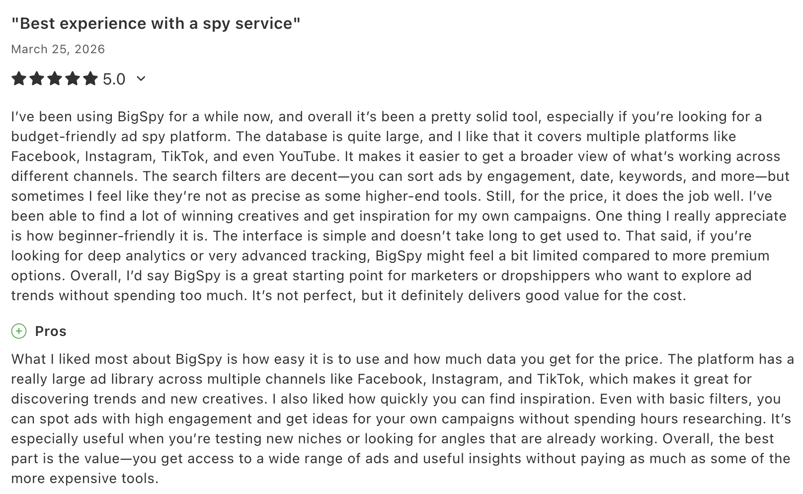 BigSpy review about ease of use and ad research features
