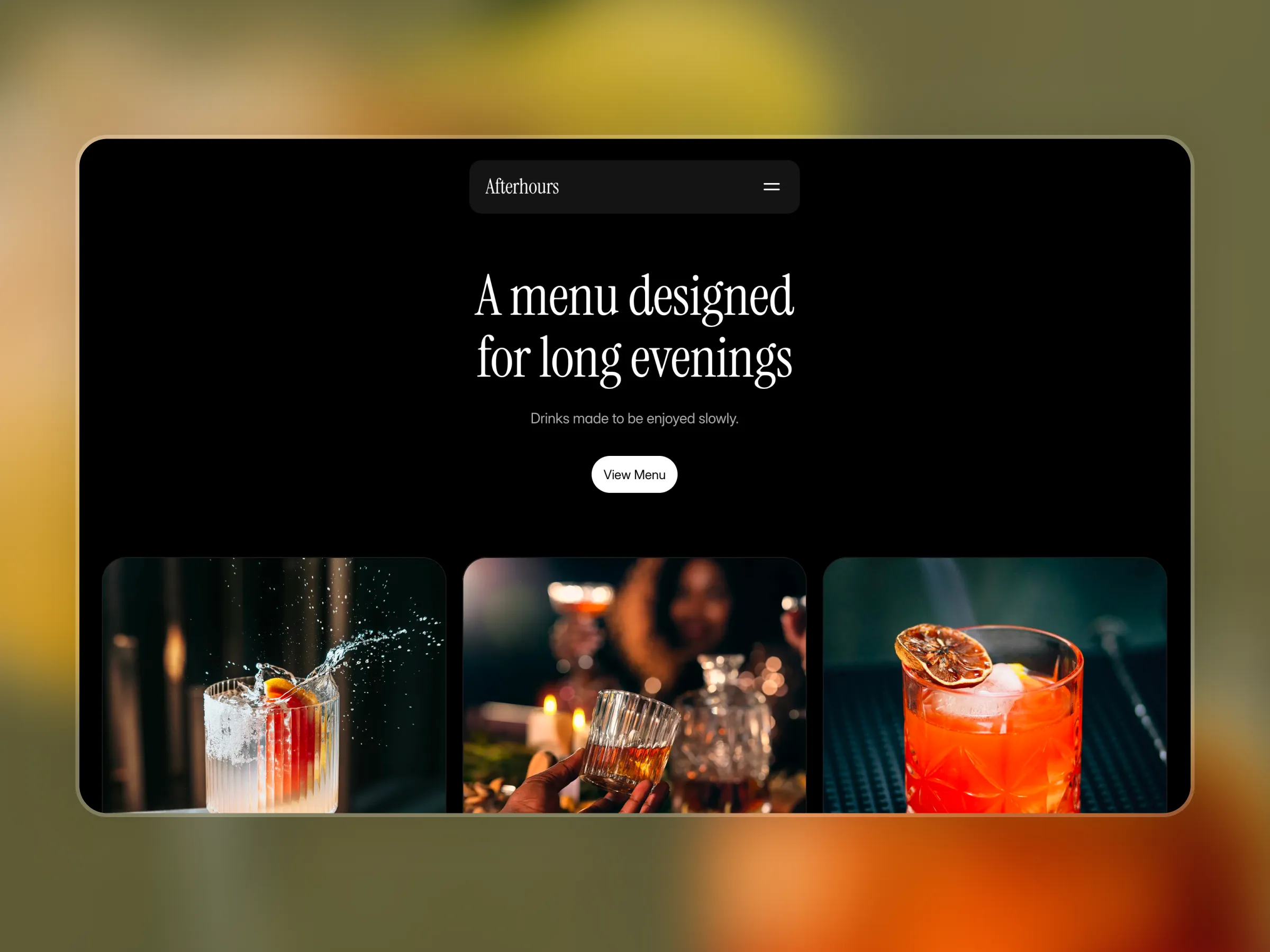 Lounge website drink menu section with dark layout, serif headline, cocktail images, and visible View Menu button.