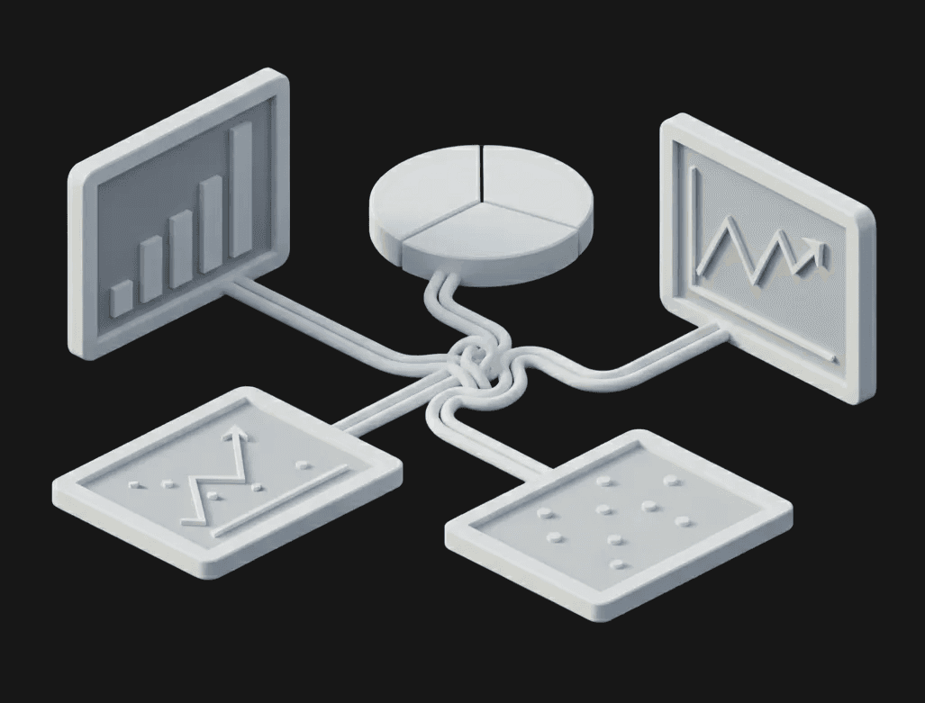 An isometric 3D illustration of several types of charts, all connected with wires