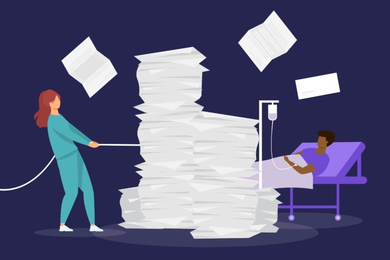 Illustration of a large stack of paperwork beside a patient in a hospital bed, representing administrative burden in healthcare.