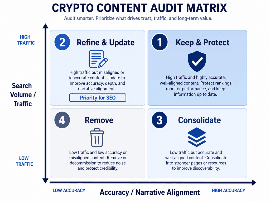 A 2x2 content audit matrix for Web3 projects, categorizing assets into Keep, Refine, Consolidate, or Remove based on traffic and accuracy.
