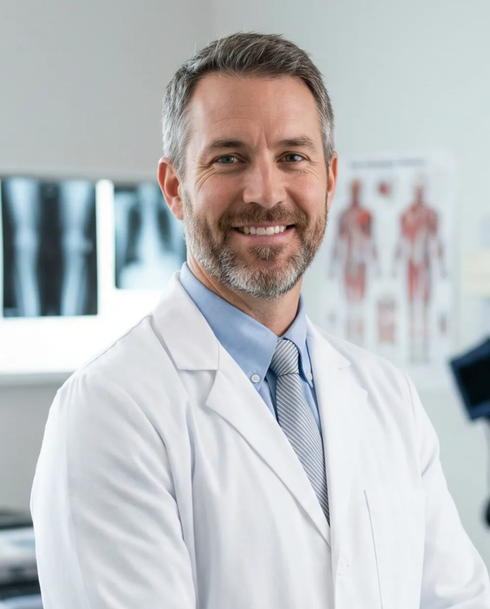 A smiling male doctor with a short beard, wearing a white coat and tie, stands in a clinical setting with medical imaging and anatomy charts visible in the background.