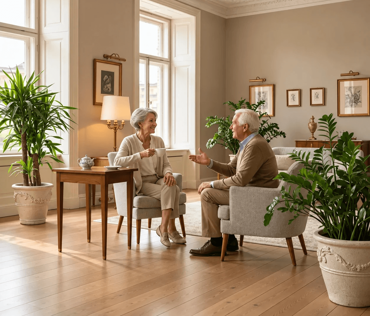 Senioren sitzen im Gespräch in gemütlichem Wohnzimmer mit Pflanzen