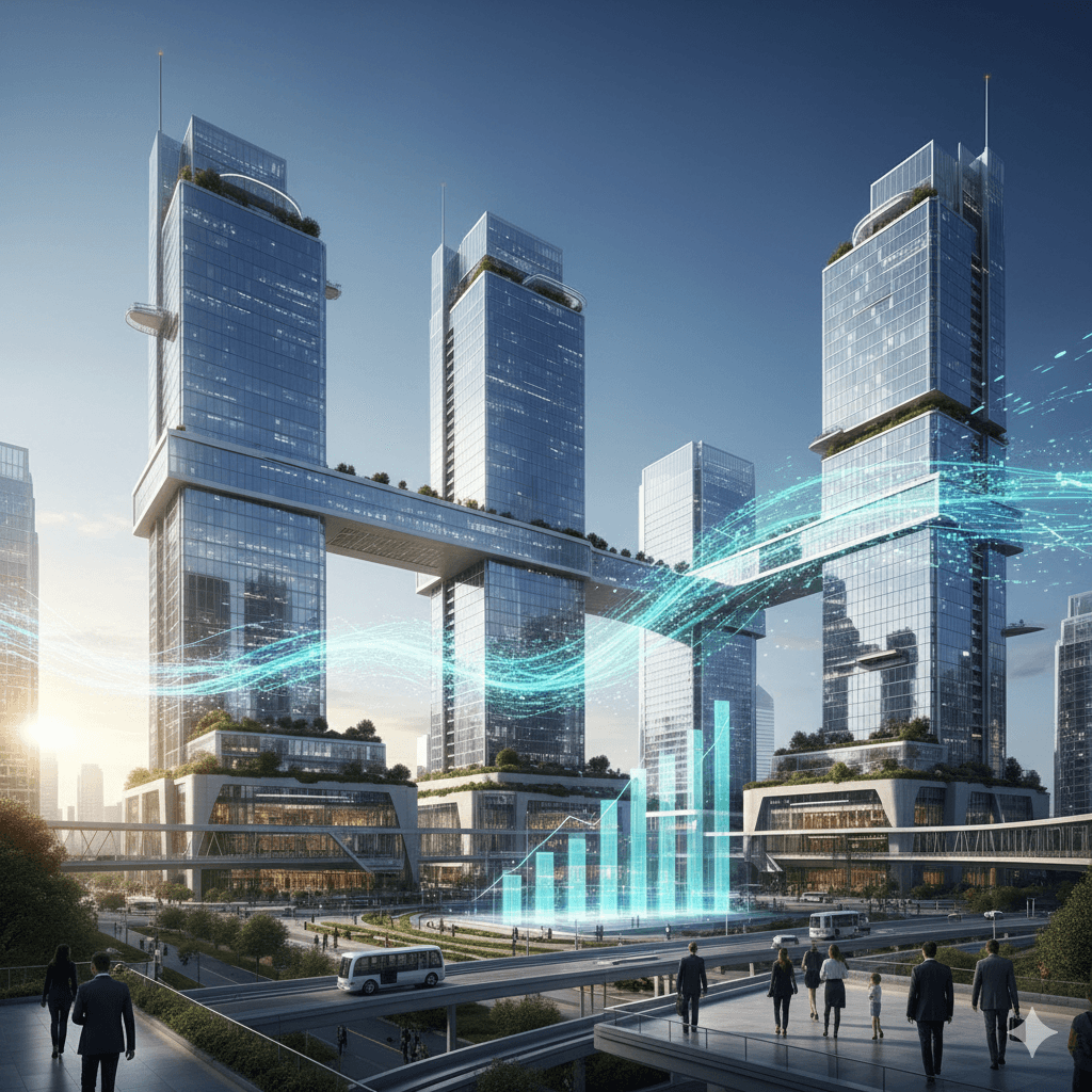 Modern corporate office towers with interconnected sky-bridges and digital growth graphics in Sector 62.