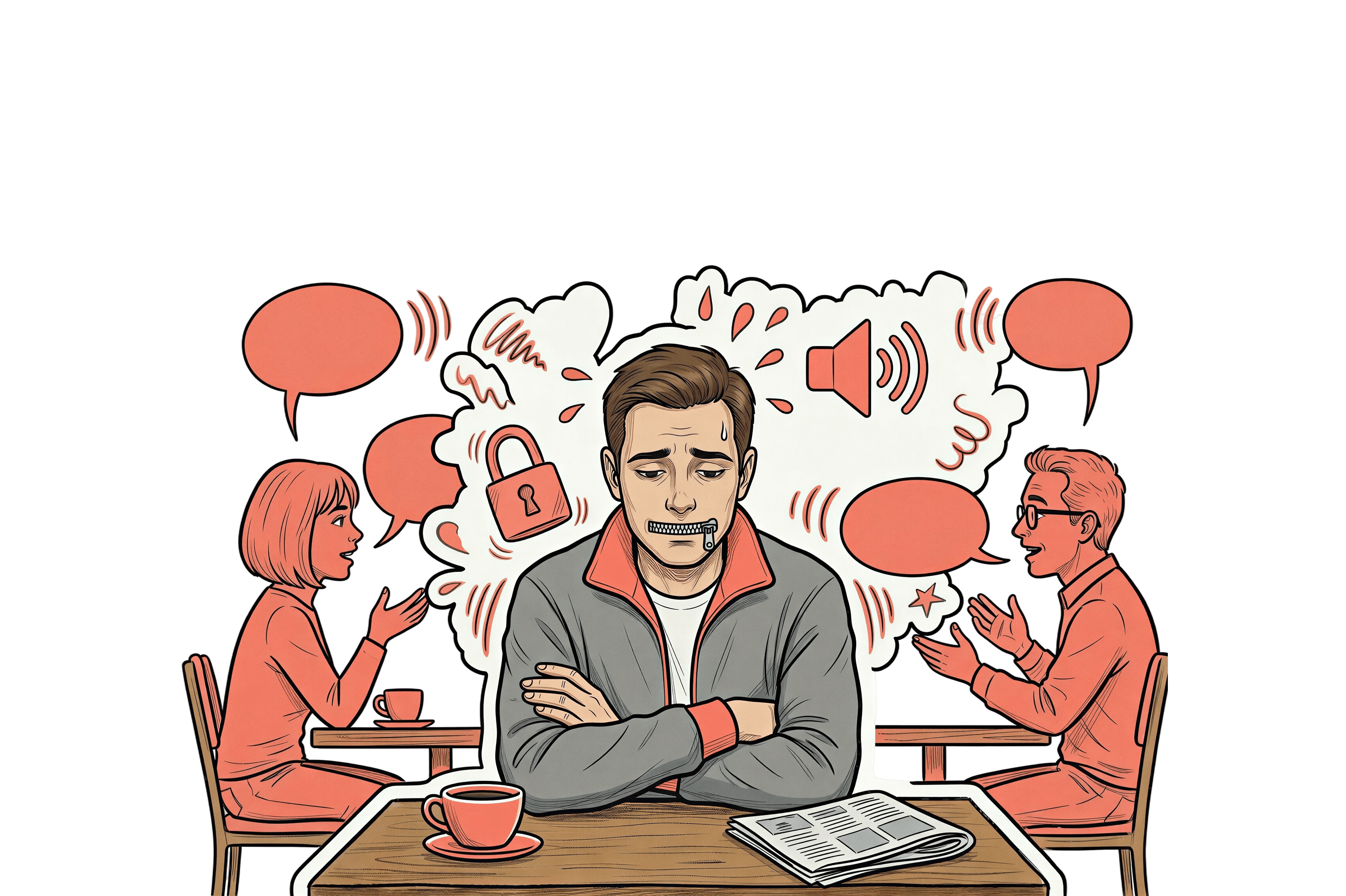 A stressed young man with a zipper over his mouth sitting between two people having a conversation, surrounded by speech bubbles and a padlock, illustrated in a comic style with red accents.