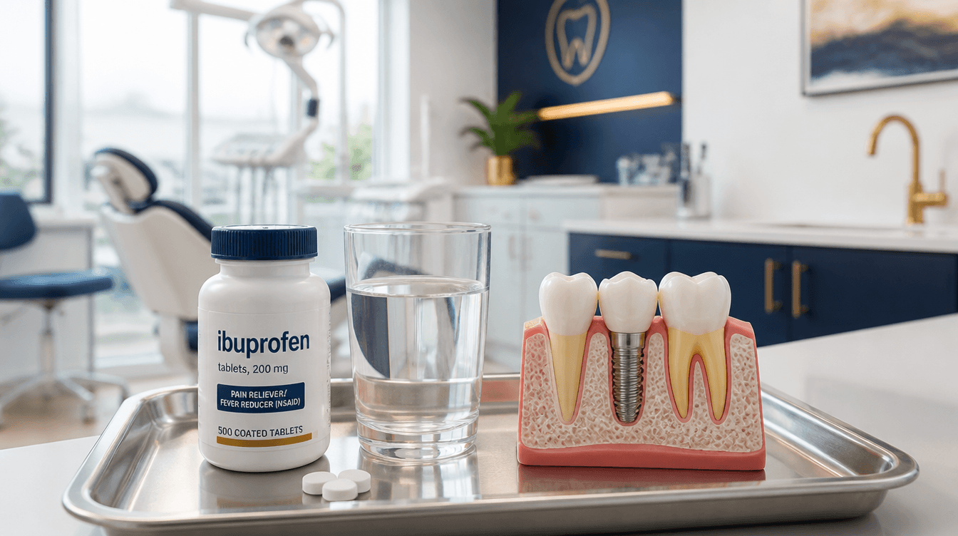 Ibuprofen and dental implant model on a clinical tray showing post-implant pain management at a Smyrna dental practice