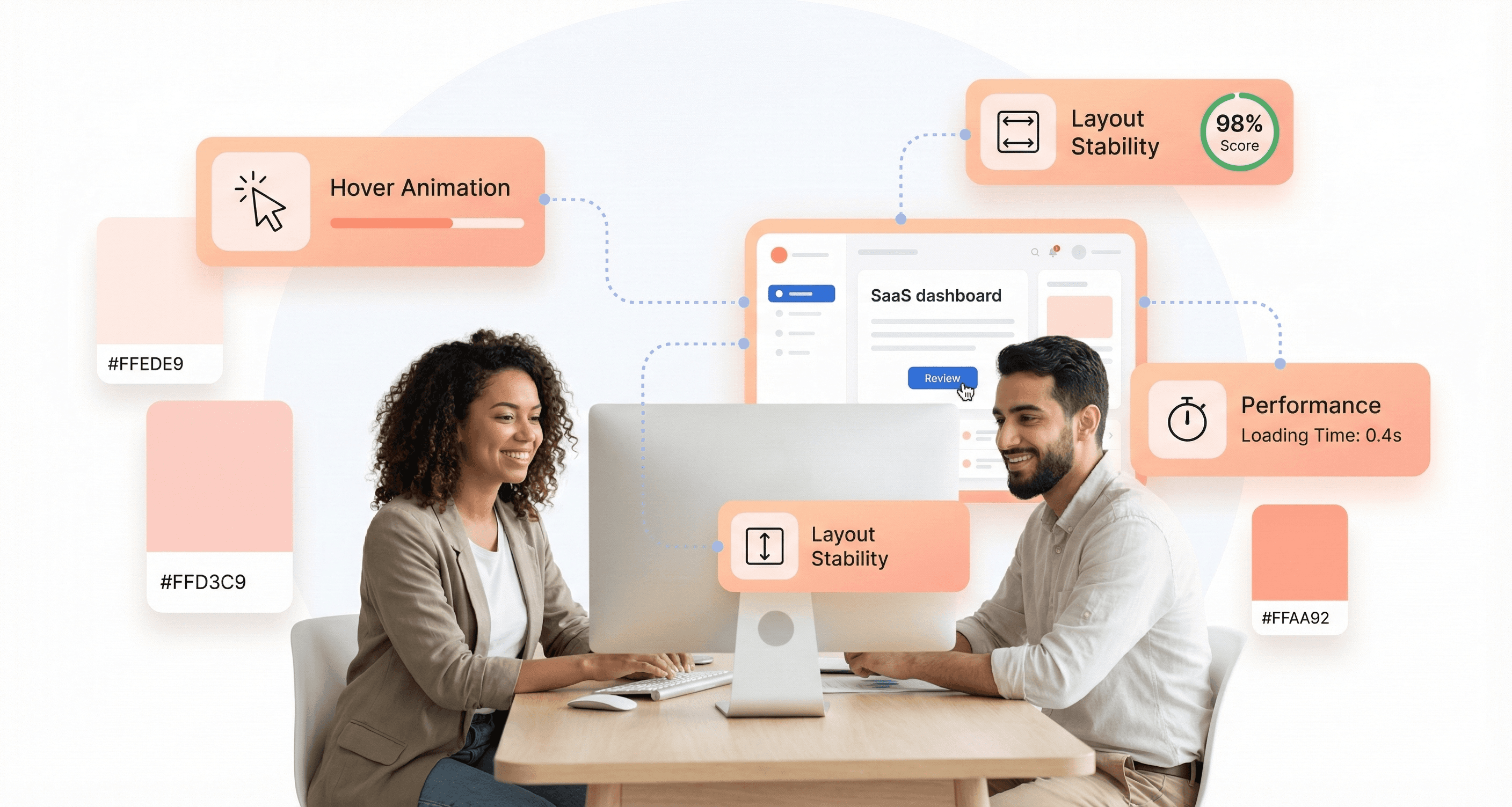 UX designer and frontend developer reviewing a SaaS component together with performance indicators, illustrating how user experience and front-end speed must be designed collaboratively.