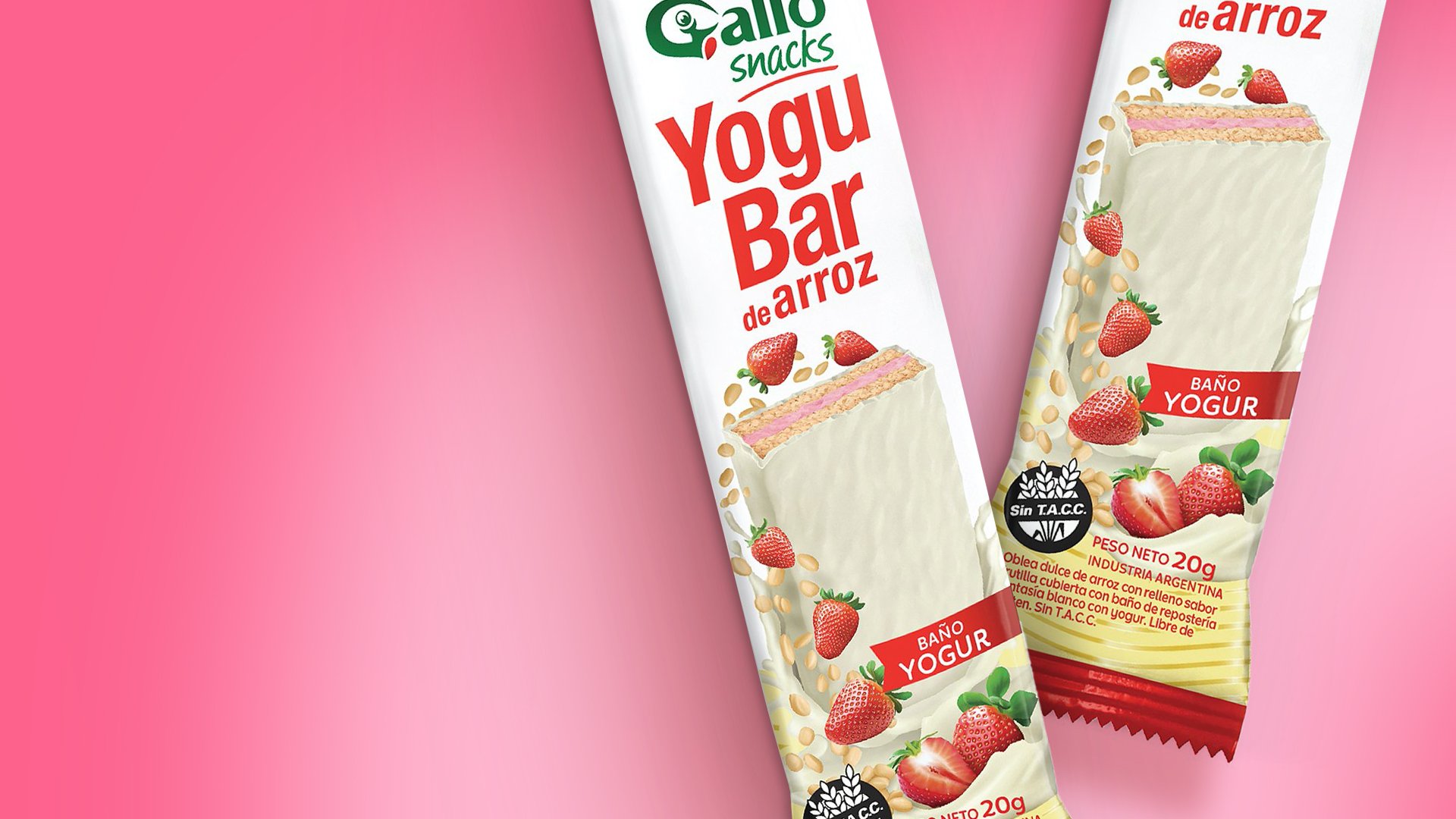 Two Gallo Snacks Yogu Bar de Arroz packages on a pink gradient background. The yogurt-coated rice bars feature strawberry imagery, highlighting a fruity, fresh appeal. Labels indicate the bars are gluten-free and weigh 20g. The overall tone is vibrant and appetizing.