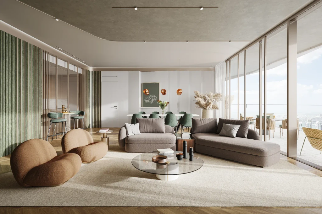 Modern living room with a large window showcasing ocean views, part of Iconic Residences.