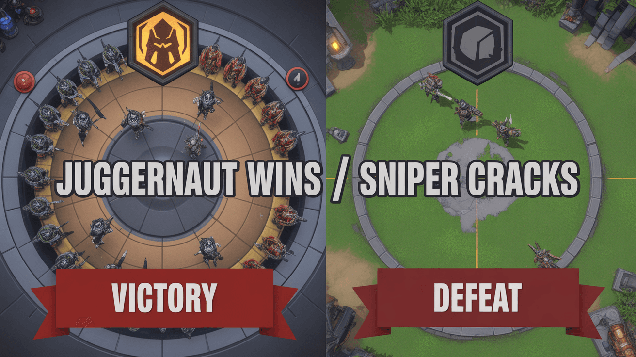 Split Dota board with Juggernaut victory, Sniper defeat, and matchup text over tactical map layout