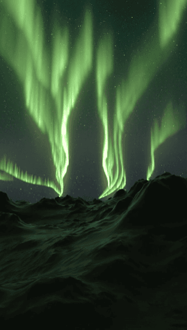A 3D render of a green aurora over a rocky, dark landscape