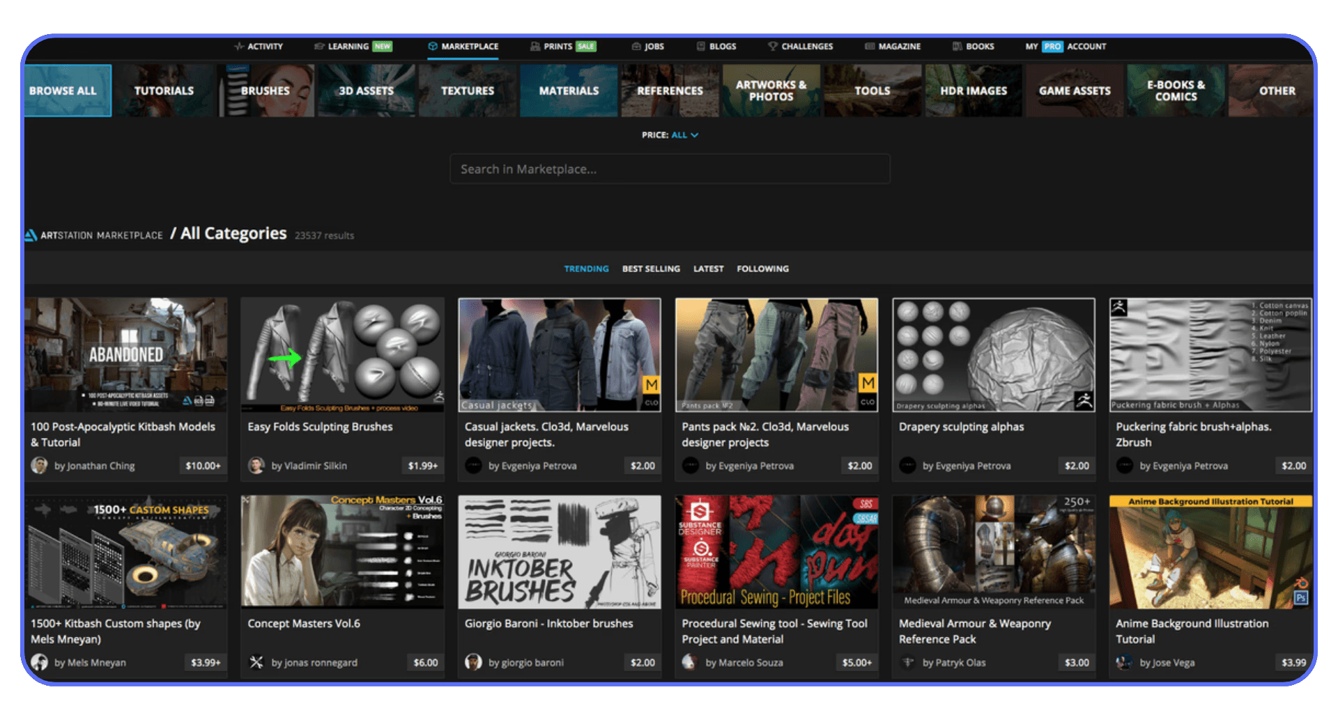 ArtStation Marketplace page displaying brushes, materials, 3D assets, and character creation tools.
