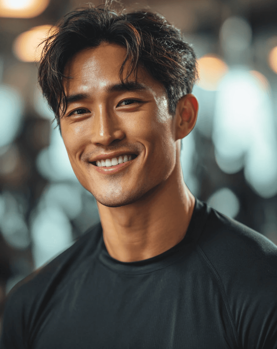 Close-up of smiling young Asian man with dark wavy hair.