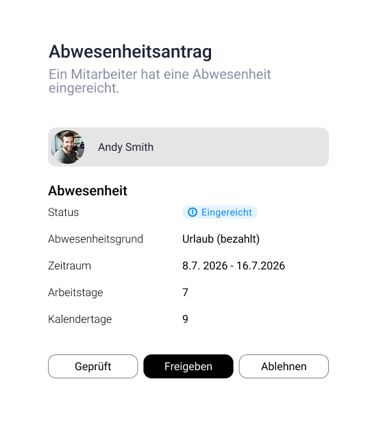 Abwesenheitsantrag mit Status "Eingereicht": Urlaub (bezahlt) vom 8.7. bis 16.7.2026, 7 Arbeitstage und 9 Kalendertage, mit Optionen zur Freigabe, Prüfung oder Ablehnung