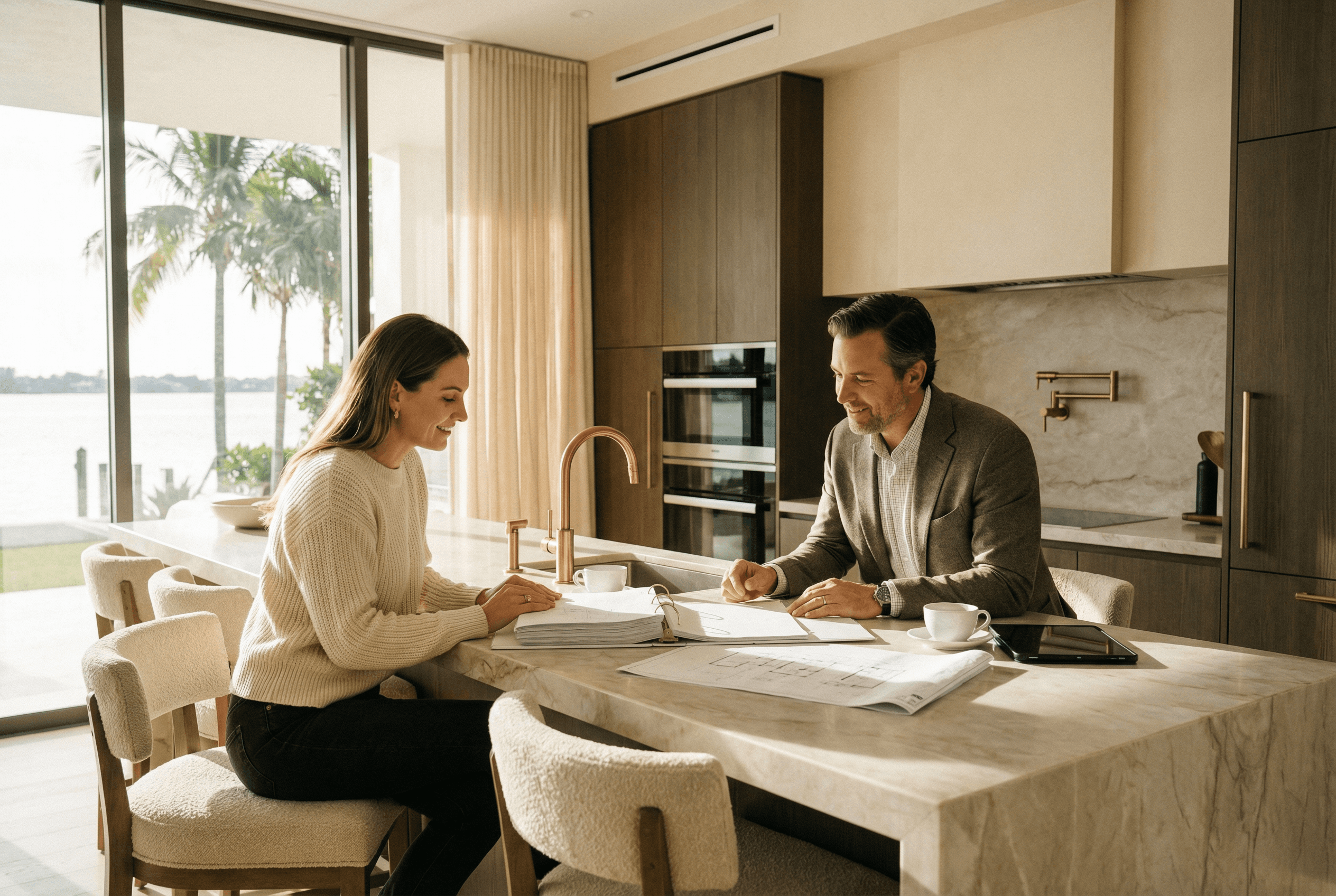 Homeowner and contractor reviewing detailed contract at premium kitchen island