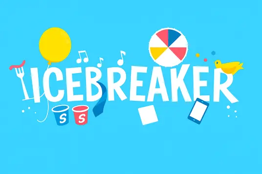 Colorful “Icebreaker” illustration with fun icons like a balloon, beach ball, music notes, snacks, and a smartphone, representing 5-minute icebreaker games for team-building and meetings.