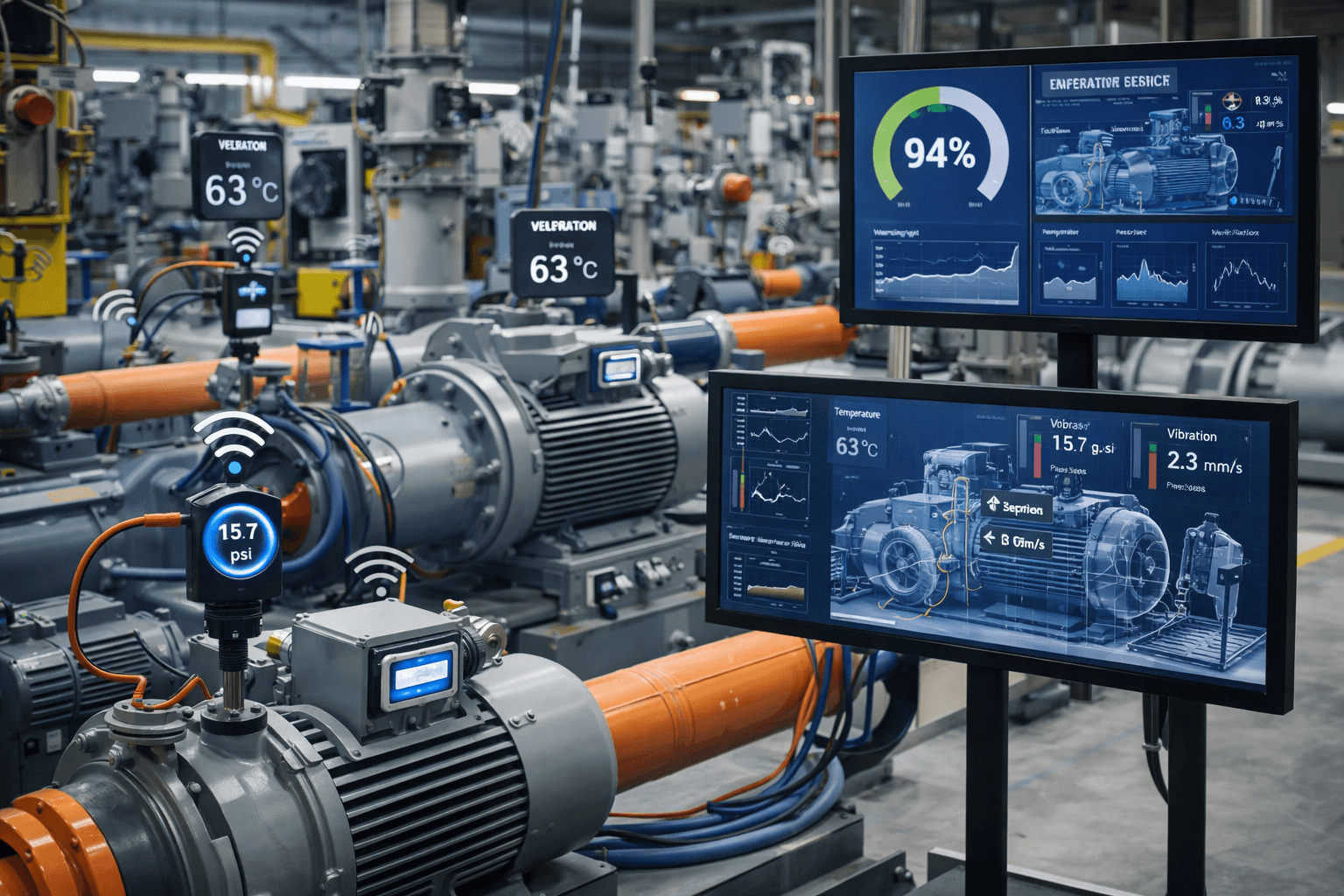  industrial floor with visible equipment, sensors, and monitoring displays