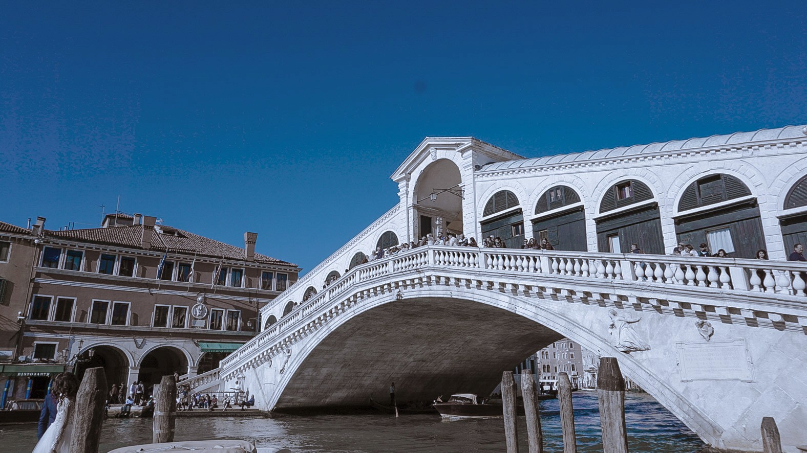 Rialto Bridge spanning the Grand Canal in Venice, Italy, under a bright blue sky, photographed by Janice Chen.