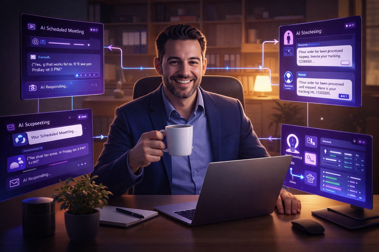 Empresario con múltiples tareas automatizadas por inteligencia artificial ejecutándose de forma autónoma