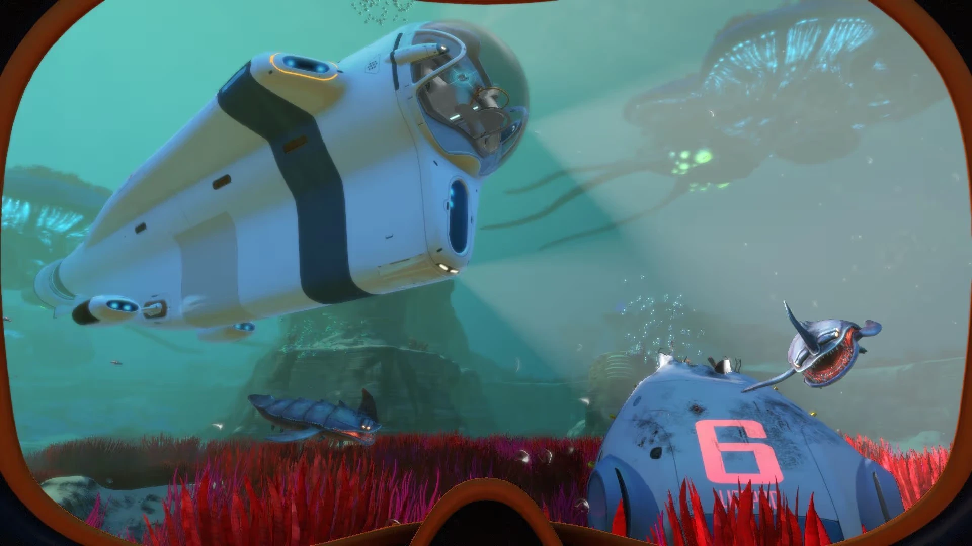 Underwater scene depicting a sleek, futuristic submarine exploring a vibrant ocean teeming with diverse marine life, including small aquatic creatures and colourful coral formations, set against the backdrop of an underwater rocky landscape.