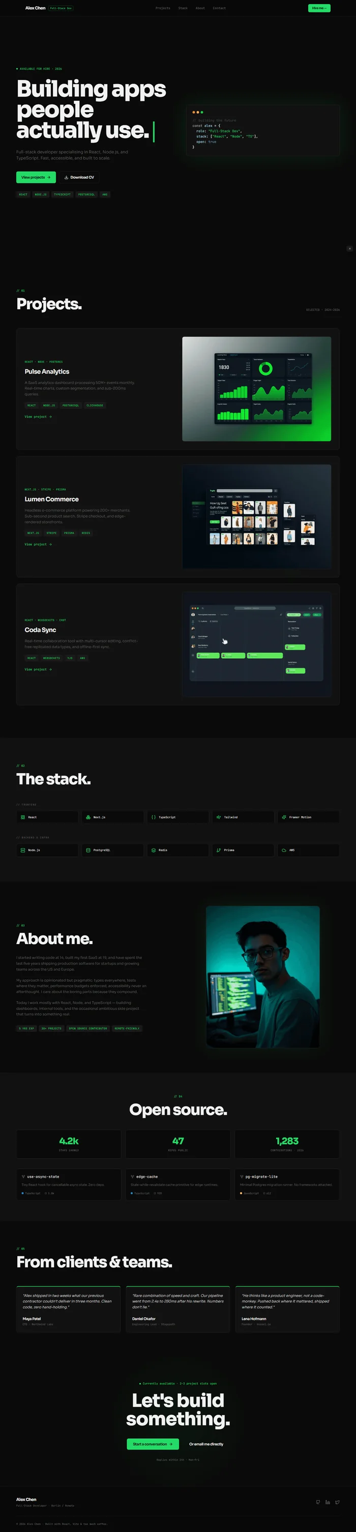 Developer portfolio website prompt full preview — near-black #0a0a0a background with code green #22d472 accent, Sora 800 split hero headline left with blinking green cursor, floating dark terminal code card right with syntax-highlighted JavaScript snippet and green float animation, three large stacked project cards with JetBrains Mono tech chip rows in green, categorised tech stack tiles, and GitHub repo cards with count-up star and contribution stats