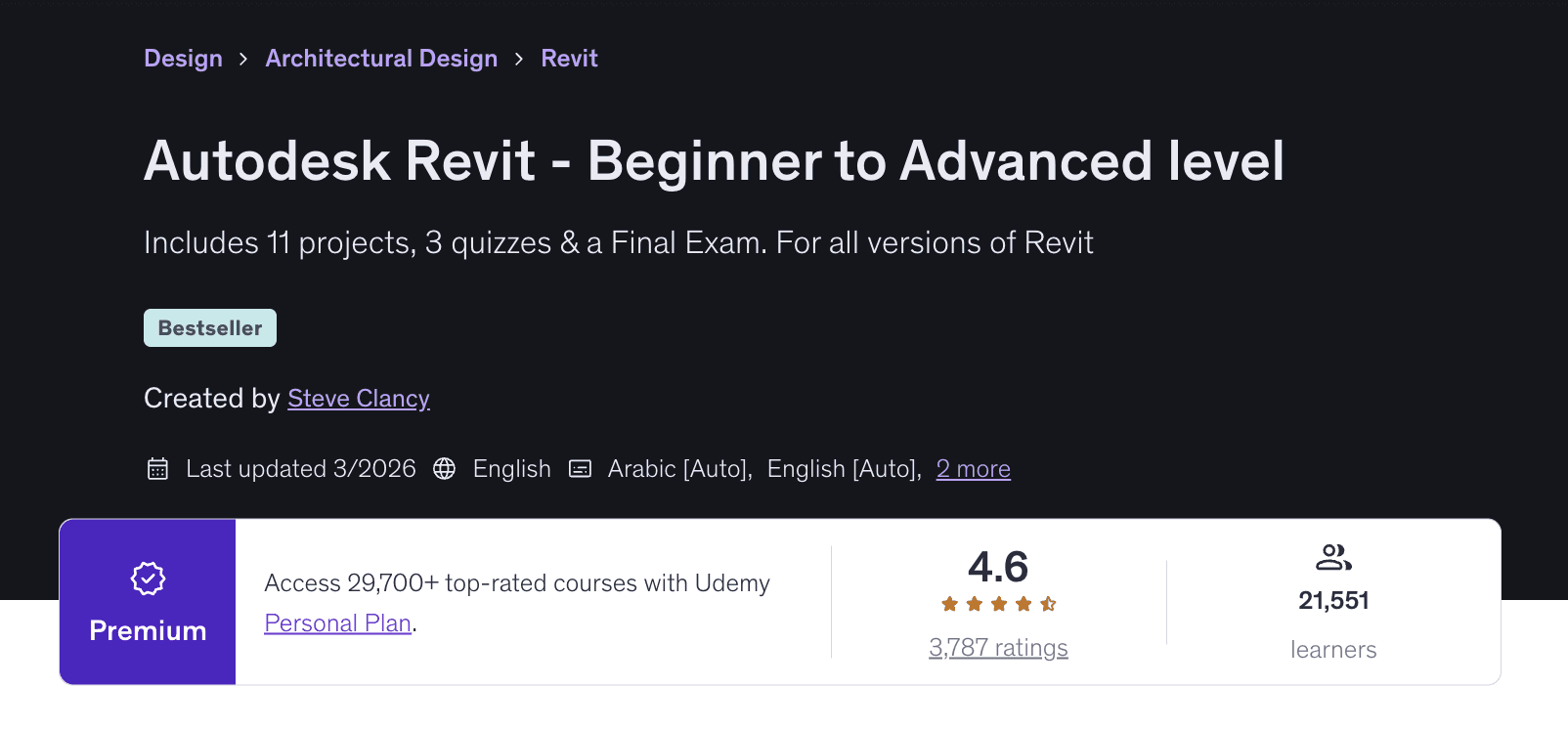 Autodesk Revit Beginner to Advanced course by Steve Clancy on Udemy