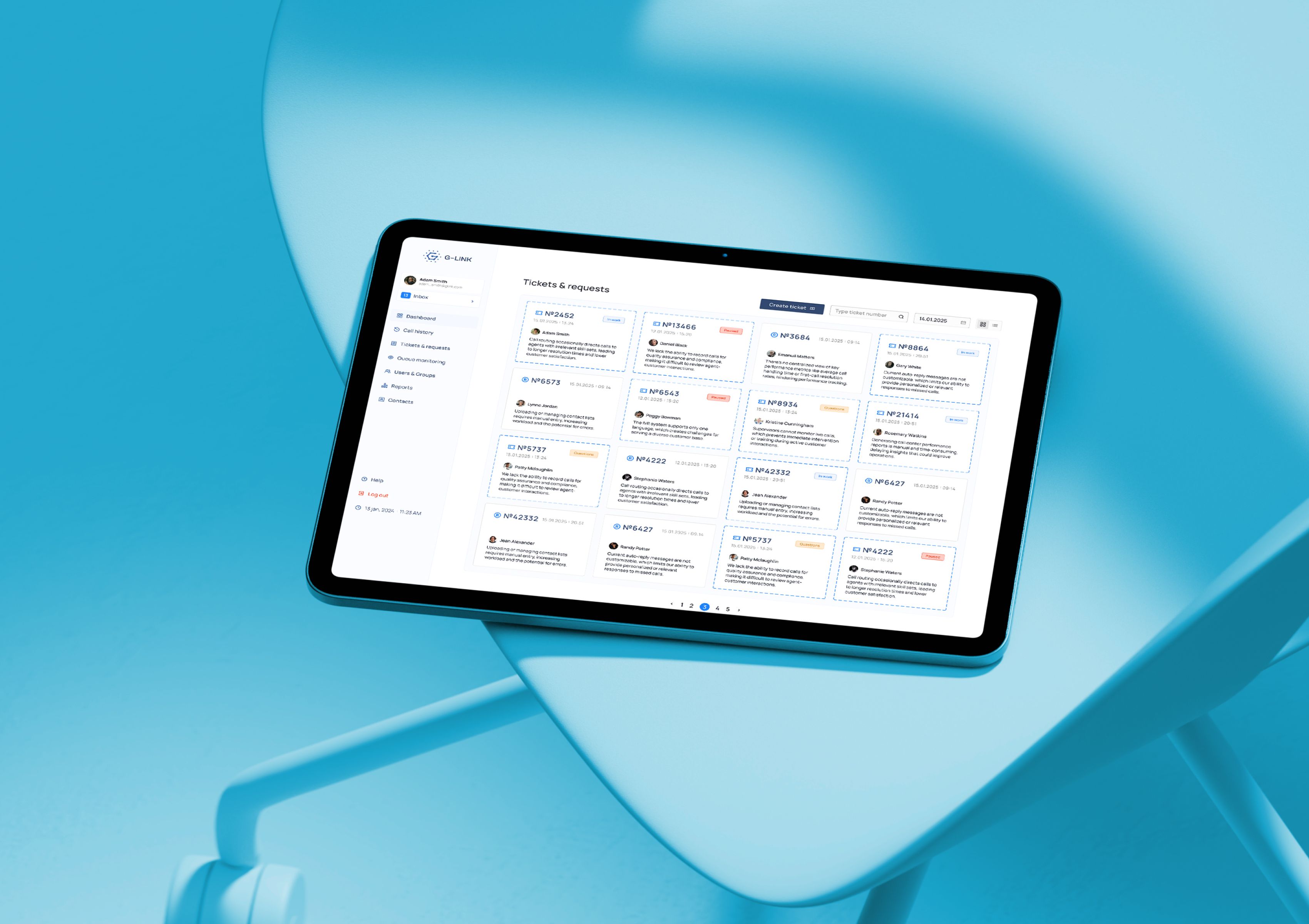 G-link tickets and requests interface displayed on a tablet mockup, showing a grid of ticket cards and navigation panel.