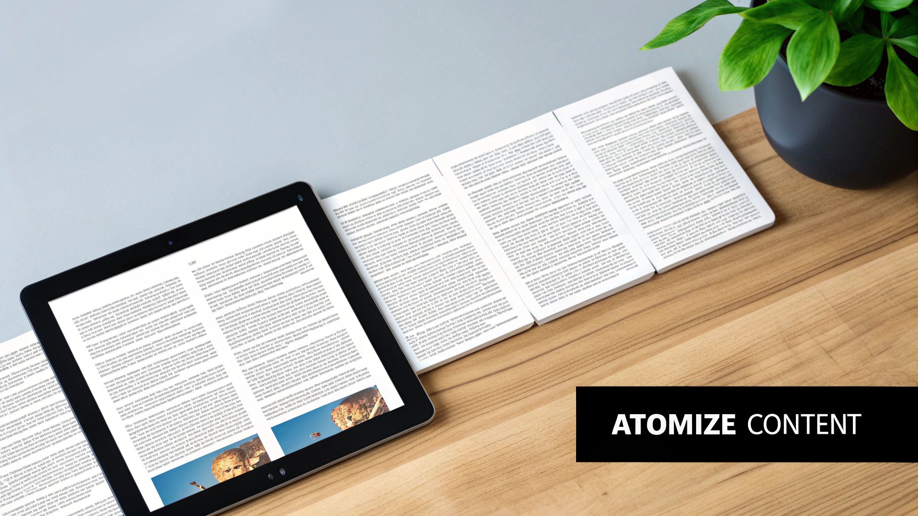 A tablet displaying digital content next to open paper documents with text, on a desk with a plant.