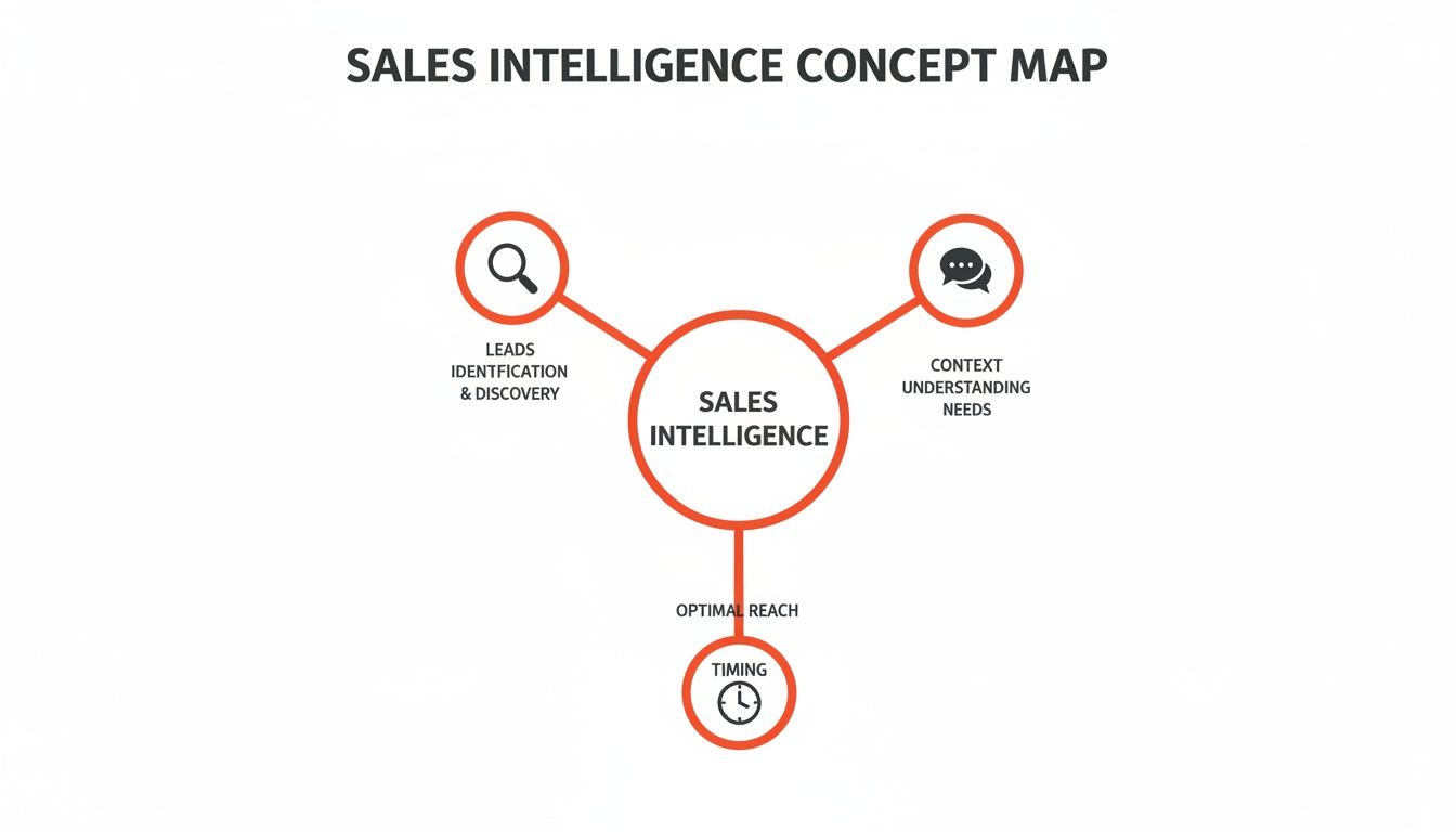 Sales Intelligence concept map illustrating its core components: leads identification, understanding needs, and optimal timing.