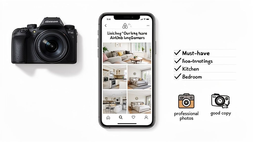 A camera, smartphone with Airbnb listings, and a checklist highlighting professional photos and good copy for rentals.