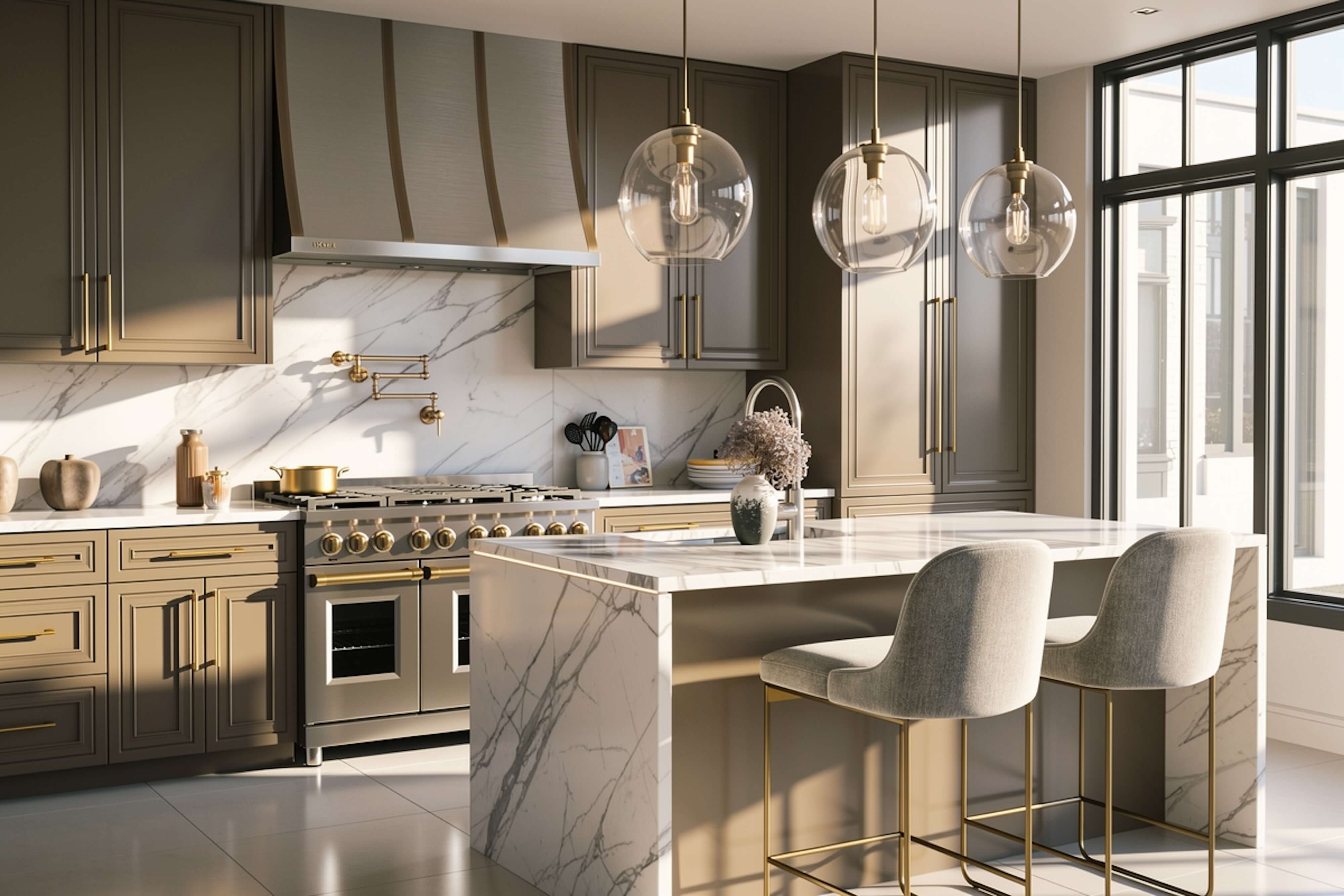 Sophisticated kitchen with marble island, gray cabinetry, brass hardware, glass pendant lights, and large windows casting soft natural light.