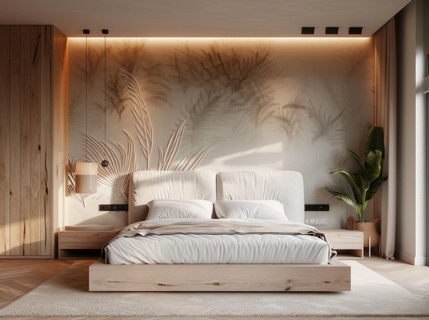 Nowoczesna sypialnia z łóżkiem z jasnego drewna i tapicerowanym zagłówkiem, oświetleniem LED nad ścianą z motywem liści oraz rośliną doniczkową przy oknie.