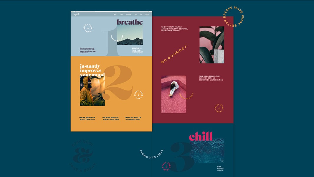 The image displays four distinct design posters, each with unique color schemes and content, arranged side by side against a dark teal background. The posters feature minimalist typography and incorporate nature imagery and abstract shapes. The first poster has a light blue background with a mountain landscape and the text "breathe" and a circular logo. The second poster is yellow with the number "2" and the phrase "instantly improves your mood." The third poster is dark red with the text "NO BURNOUT" and "TAKE SMALL BREAKS, THEY FUNCTION LIKE PREVENTION & INTERVENTION." The fourth poster is teal with the word "chill" and the number "3," accompanied by a circular logo and the phrase "PLAY IMAGINE CREATE." Each poster has a distinct color palette and design style.
