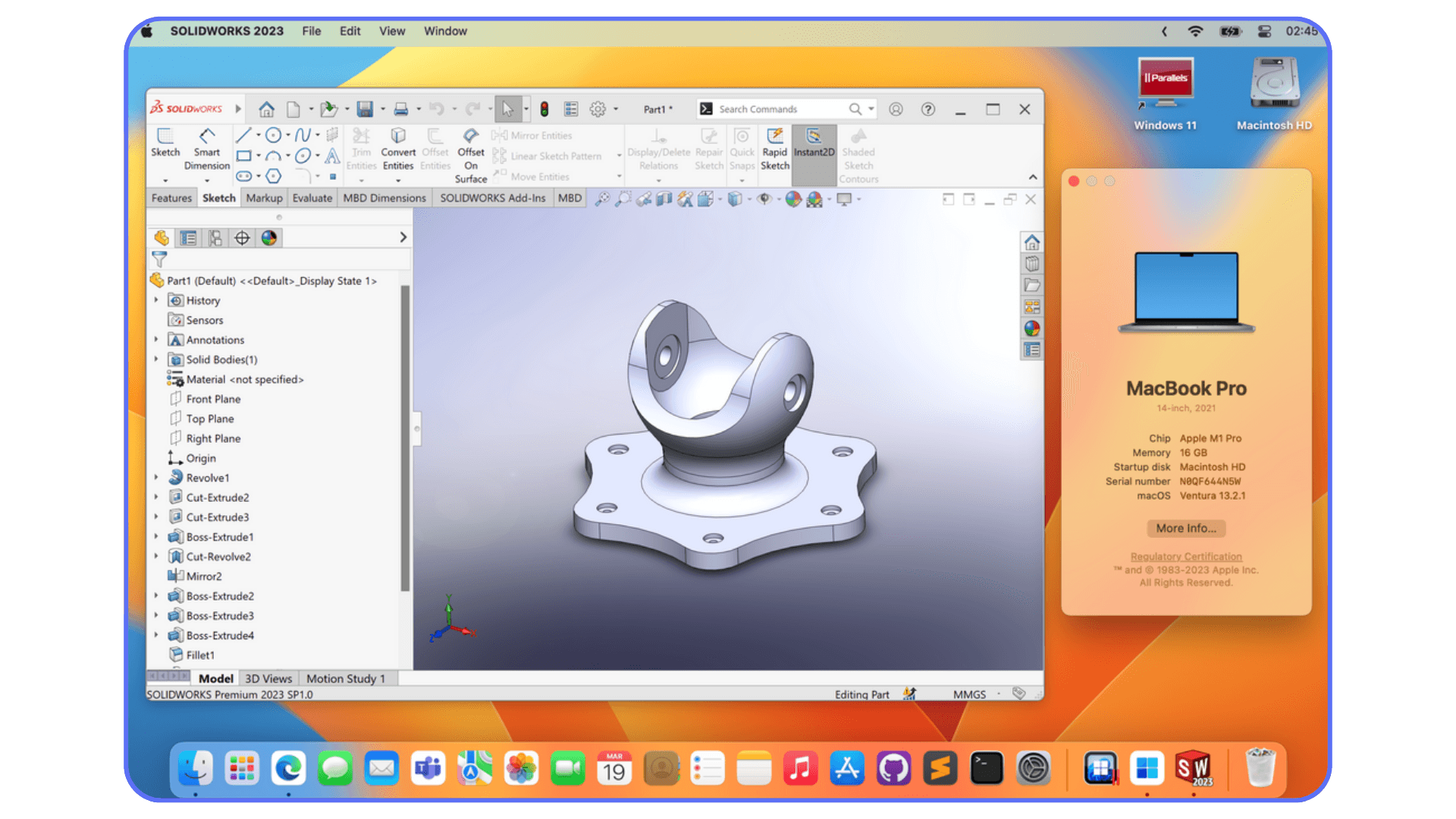 SolidWorks 2023 running on a MacBook Pro using a Windows virtual machine shown on macOS Ventura.