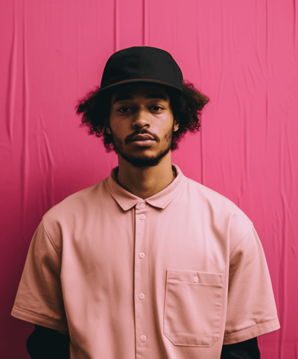 Young man in pink shirt, black cap, backdrop.