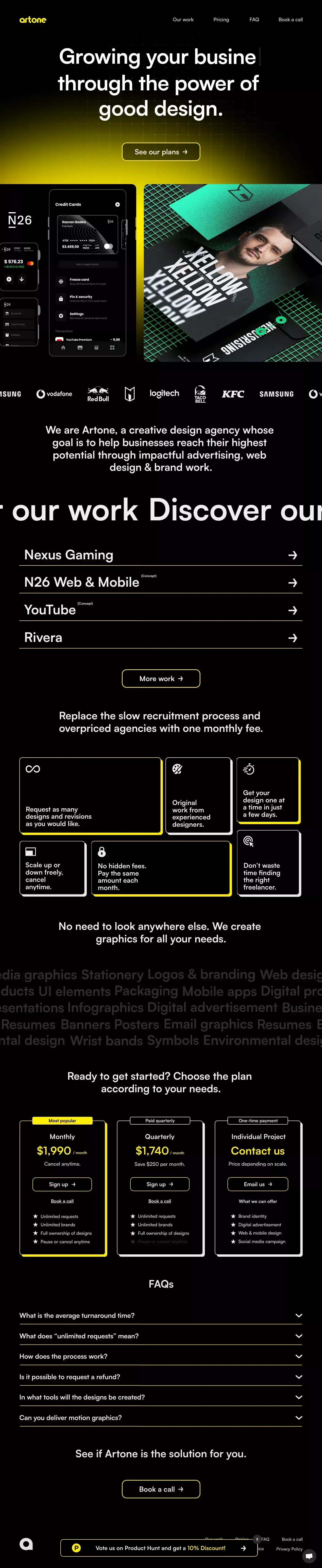 Artone Studio landing page screenshot showcasing Design and Tech design
