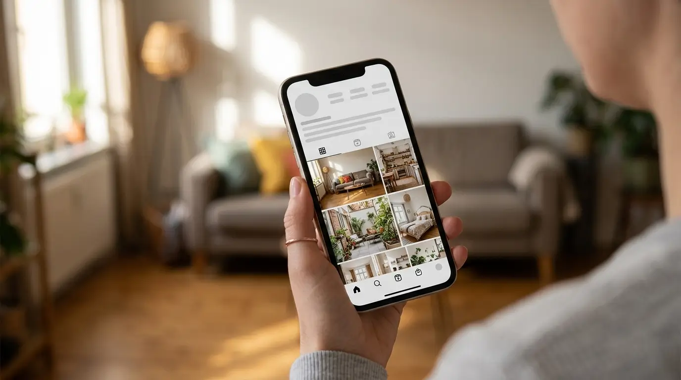 A hand holds a phone showing a grid of photographs of a rental property, with that same property's living room visible and out of focus behind it.