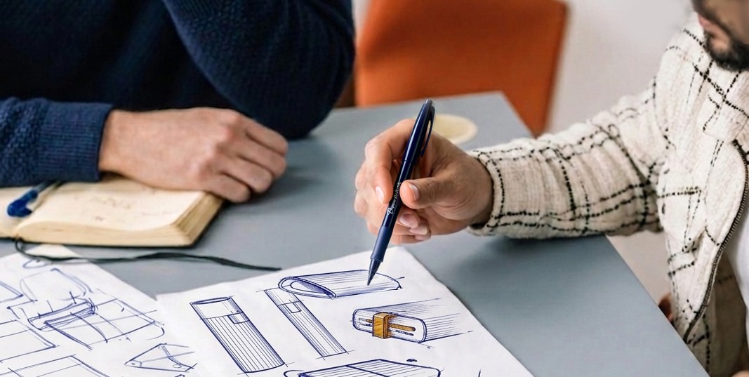 2 personnes sur une table en pleine idéation avec un stylo montrant divers éléments sur le papier.