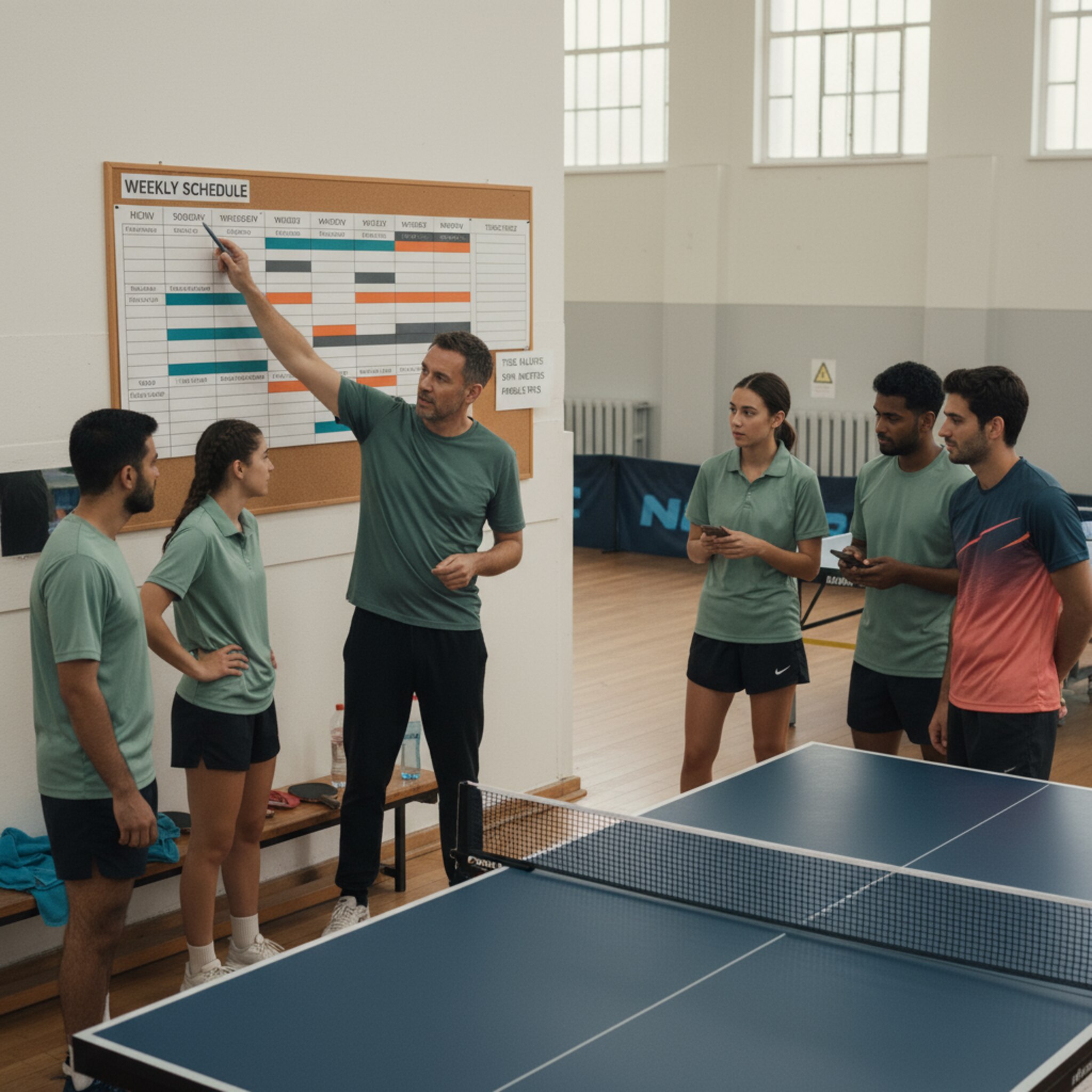 Ein Coach zeigt auf einen Wochenplan an einer Pinnwand, in dem feste Zeitfenster farblich markiert sind. Daneben hängt eine Liste mit Teamnamen. Spieler nicken zustimmend und stimmen ihre Zeiten ab. Das Setting wirkt strukturiert, fair und verbindlich.