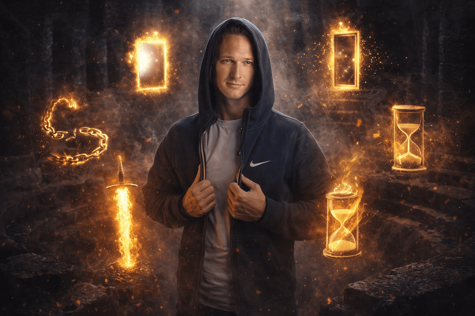 Mister Bewustzijn tussen een donkere en lichte wereld, verbeelding van de 5 gouden principes van Mister Bewustzijn: eerlijkheid, toewijding, tijd nemen, openheid en verantwoordelijkheid.